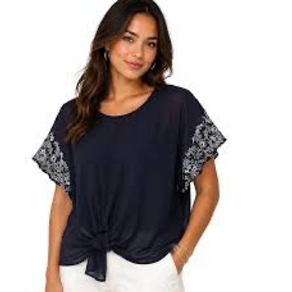 Democracy Sheer Navy Blue Embroidered Sleeve Knot-Front Blouse Top - Size 2X